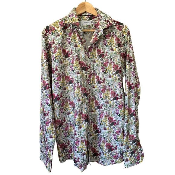 Eton Purple Floral Print Signature Twill Button Shirt‎ Size 16 Slim Fit - Picture 4 of 12